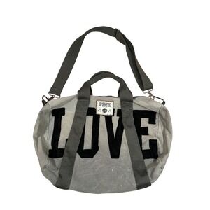 Y2K PINK Victoria's Secret Grey Canvas Duffle Bag LOVE Pink Logo Carry On Travel